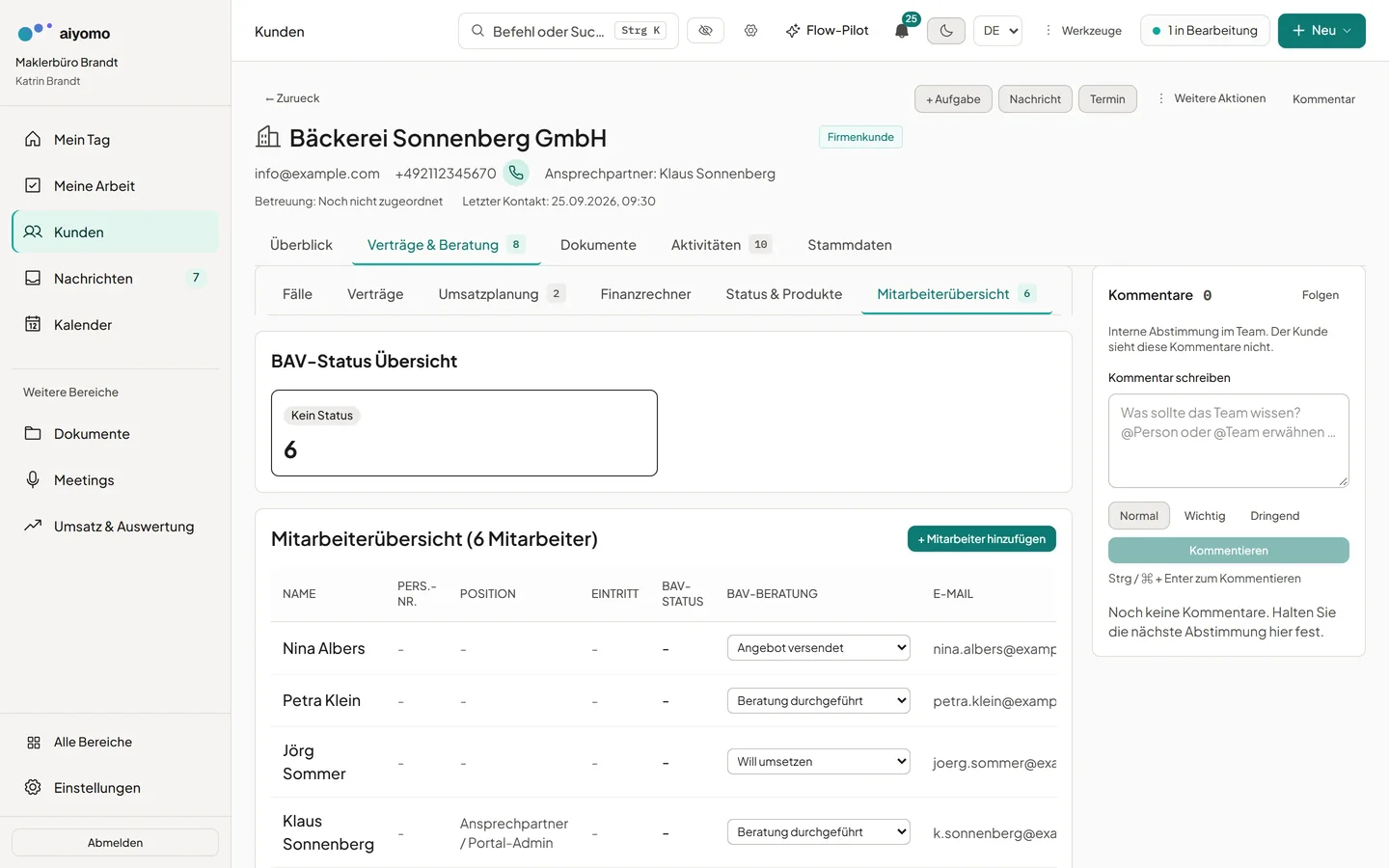 aiyomo Firmenkunde mit bAV-Status, Mitarbeiterstand und Versorgungsordnung