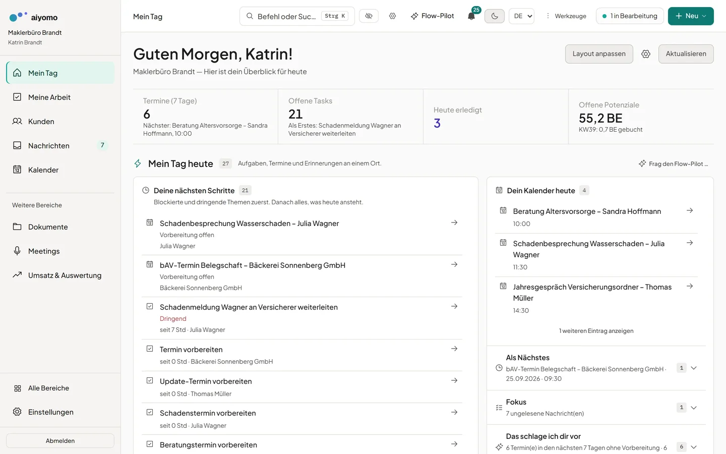 aiyomo Startseite mit Mein-Tag-Priorisierung und offenen Potenzialen in BE