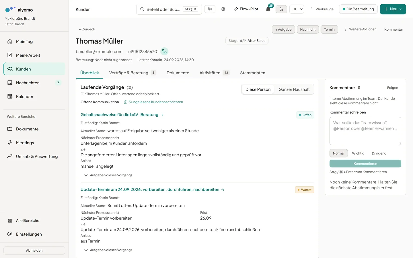 aiyomo Kundenakte: Übersicht, Aktivitäten, Bestand und Dokumente auf einem Datenstamm