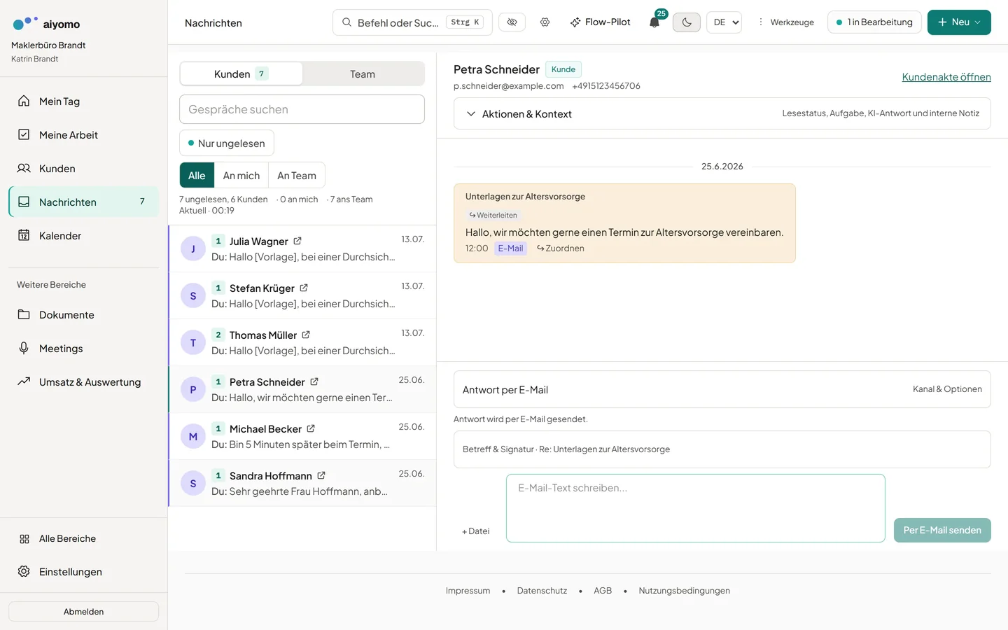 aiyomo Omnichannel-Posteingang: E-Mail- und WhatsApp-Verlauf einer Kundenakte an einem Ort